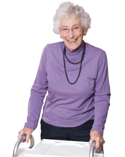 Elderly woman smiling with a walker on a transparent background